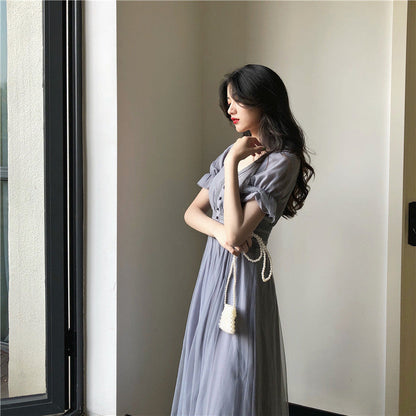 Sixsr New Summer Mesh Dress Female V-neck Short Puff Sleeve A-line Women Dress Slim Korean Style Mesh Elegant Vintage Vestidos