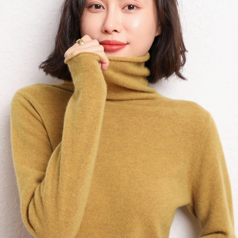 100% Pure Wool Cashmere Sweater Fall/Winter Pile Collar Pullover Korean Fashion Casual Knitted Tops Women Jacket Long Sleeve