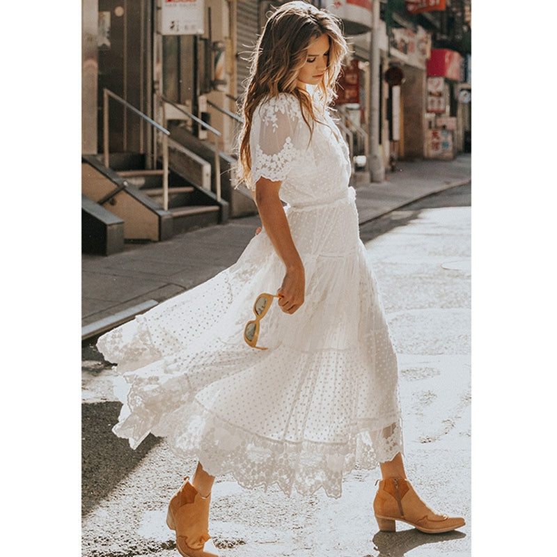 Sixsr Hollow Out White Dress Sexy Women Long Lace Dress Cross Semi-Sheer Plunge V-Neck Short Sleeve Lace Maxi Dress