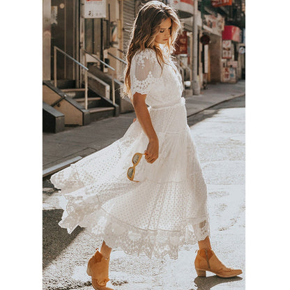 Sixsr Hollow Out White Dress Sexy Women Long Lace Dress Cross Semi-Sheer Plunge V-Neck Short Sleeve Lace Maxi Dress