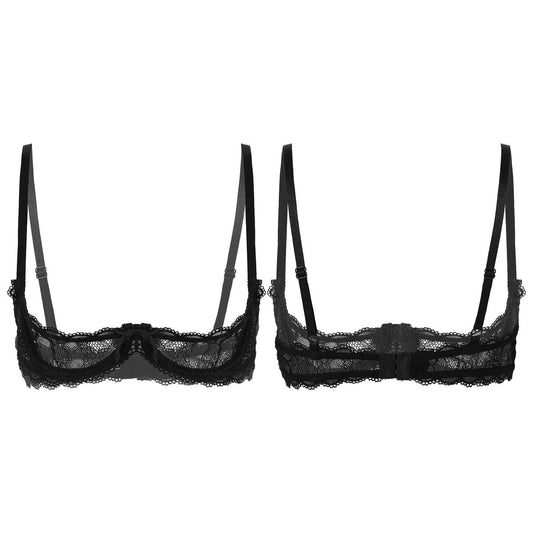 sixsr Women See Through Sheer Lace Hollow Out Lingerie Adjustable Spaghetti Shoulder Straps Open Cups Bra Push Up Underwire Bra Tops