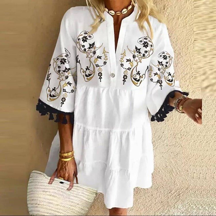 Fashion Tassel Sleeve Women Dress V Neck Lady Patchwork Dress Loose Casual Empire Knee Length Tassel Sleeve Dress