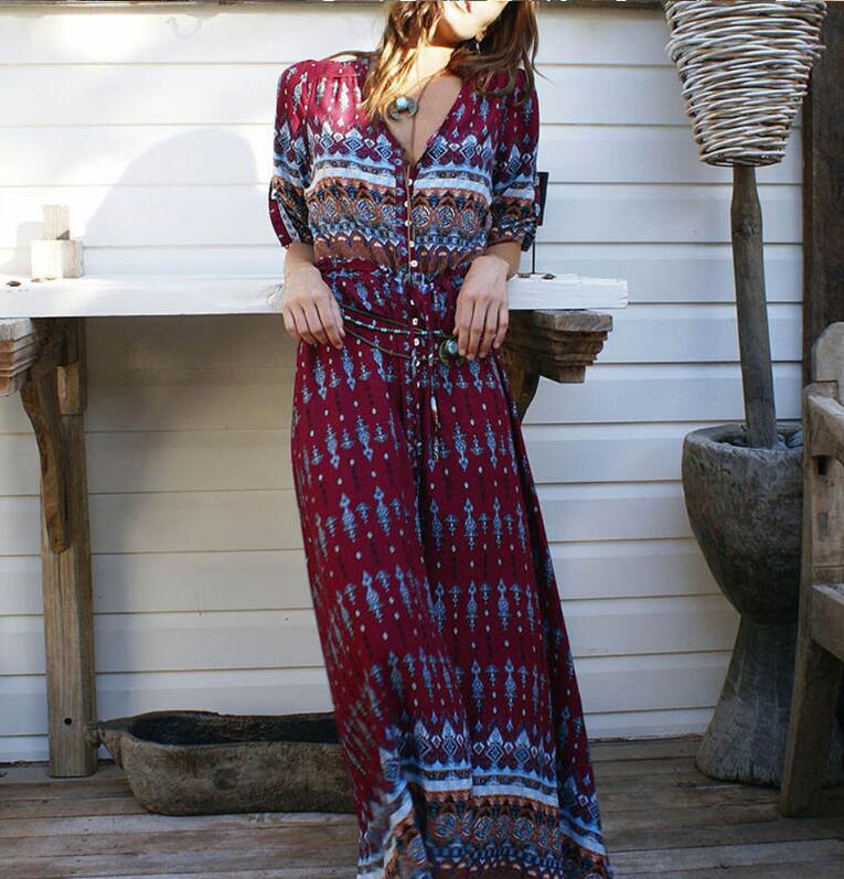 Fashion Summer Boho Beach Dress Fashion Floral Print Ethnic Long Maxi Dress Woman Party Night Elegant Dress