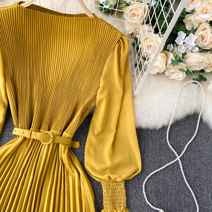 Sixsr Vintage Women Pleated Long Dress Female Elegant Lantern Long Sleeve High Waist Red/Purple Draped Maxi Vestidos Spring Autumn New
