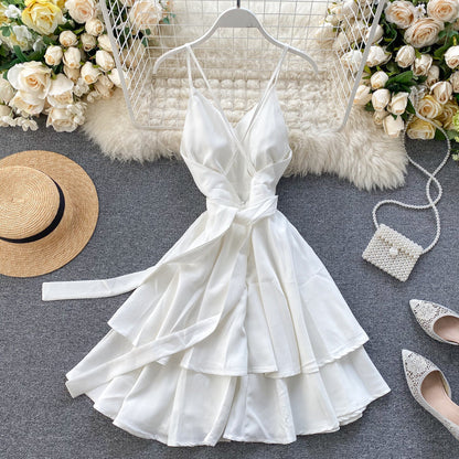 Sixsr Summer Spring Beach Holiday V-Neck Backless Lace Up Ruffles Cakes Solid Elegant Women Lady A-line High Waist Dress