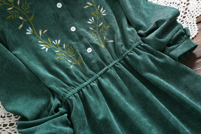 Sixsr Mori Girl Vintage Corduroy Women Shirt Dress Floral Embroidery Elegant Autumn Winter Dresses Midi Dresses For New Year