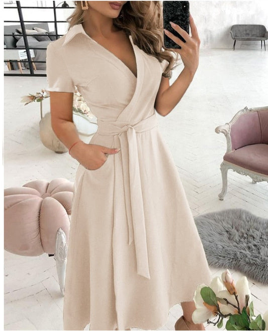 Sixsr Spring and Summer Fashion New Party Dress Short-sleeved V-neck Retro Dress with Printed Belt