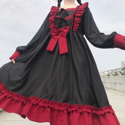 Sixsr Japanese Harajuku Gothic Bandage Bow Splice Dress Sweet Lolita Girl Cosplay Dress Kawaii Ruffles Bow Women Party Dress