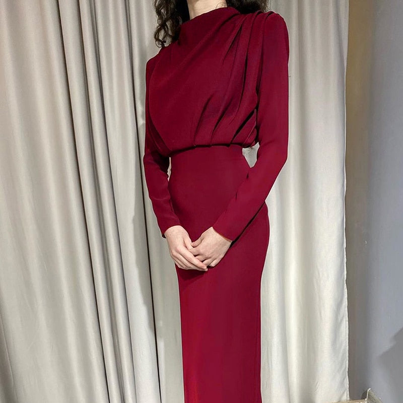 Sixsr InstaHot Elegant Women Dress Stand Collar Slim Waist Solid Blue Ankle Length Autumn Long Sleeve Casual Party Dress Fashion