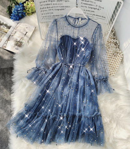 New Female O-neck Stars Sequined Mesh Shiny Fairy Dress Women Elegant Bling Gauze Princess Puff Dresses Vestidos De Fiesta