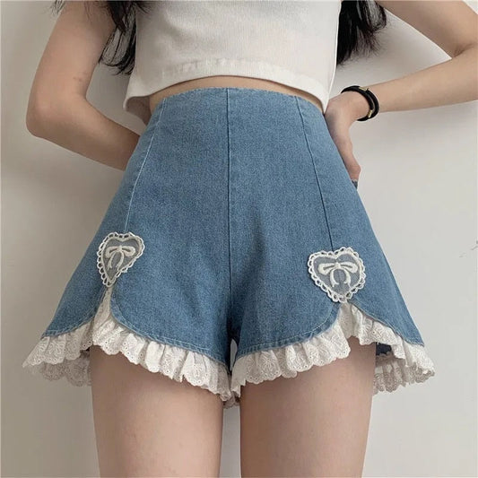 sixsr Summer Outfits  Trends Cute Lolita Girls Denim Shorts Japanese Sweet High Waist Lace Irregular Women's Shorts S-4XL Summer Kawaii Sexy Blue Shorts