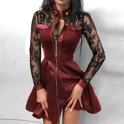 Sexy Stand Collar Print Zipper Long Sleeves Mini Dress Casual Autumn Winter Fashion Pocket Pu Leather Dress Elegant Slim Dresses