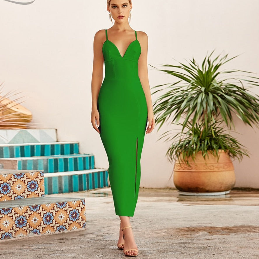 Sixsr New Summer Women White Bodycon Bandage Dress Sexy V Neck Spaghetti Strap Club Celebrity Evening Runway Party Maxi Dresses