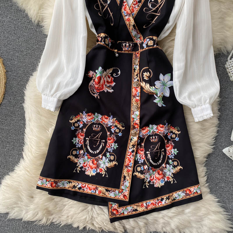 Sixsr Spring Autumn Elegant 2 Piece Set Overalls Dress Women Bow Collar White Shirt Top+ Irregular Flower Print V-Neck Vest Dress