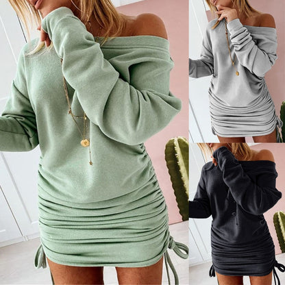 Sixsr Women Sexy Mini Dress Casual Ruffled Drawstring Solid Pencil Dress Autumn Long Sleeve Off Shoulder Pullovers Ladies Slim Dress