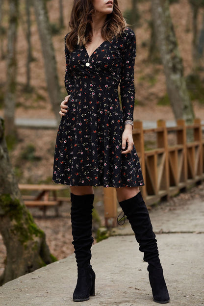 Sixsr Spring Summer Long Sleeve V Neck Flowers Print Boho Dress Women Elegant Vintage Floral Printed Casual  Green A-line Swing Dress