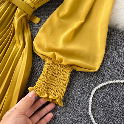 Sixsr Vintage Women Pleated Long Dress Female Elegant Lantern Long Sleeve High Waist Red/Purple Draped Maxi Vestidos Spring Autumn New