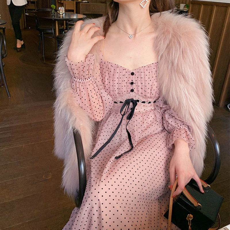 Sixsr French Vintage Midi Dress Women Puffer Sleeve Square Collor Office Elegant Dress Female Spring Dot One Piece Dress Korean