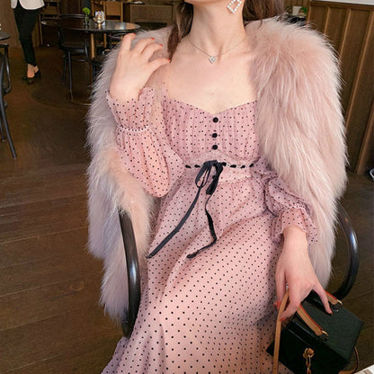 Sixsr French Vintage Midi Dress Women Puffer Sleeve Square Collor Office Elegant Dress Female Spring Dot One Piece Dress Korean