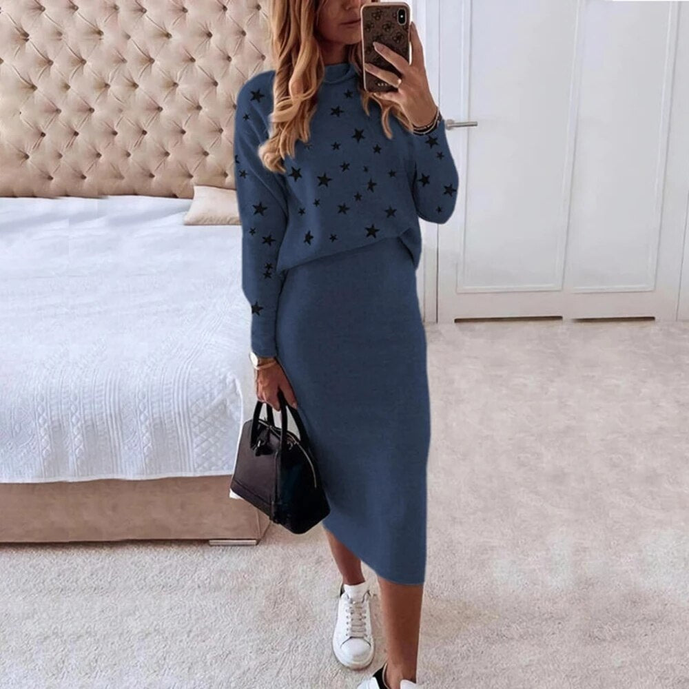 Sixsr Women Skirts 2 Piece Set Autumn Winter Elegant Stars Print Turtleneck Sweatshirts and Slim Skirt Suits Office Lady Outfits