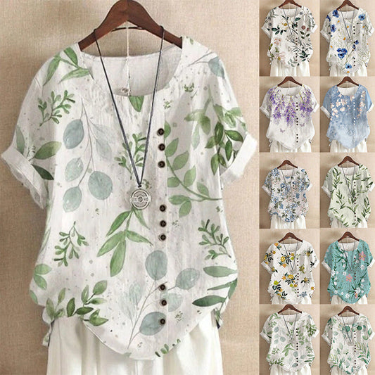 Summer Retro Fashion Printed Loose Casual Shirt Short-sleeved Blouses