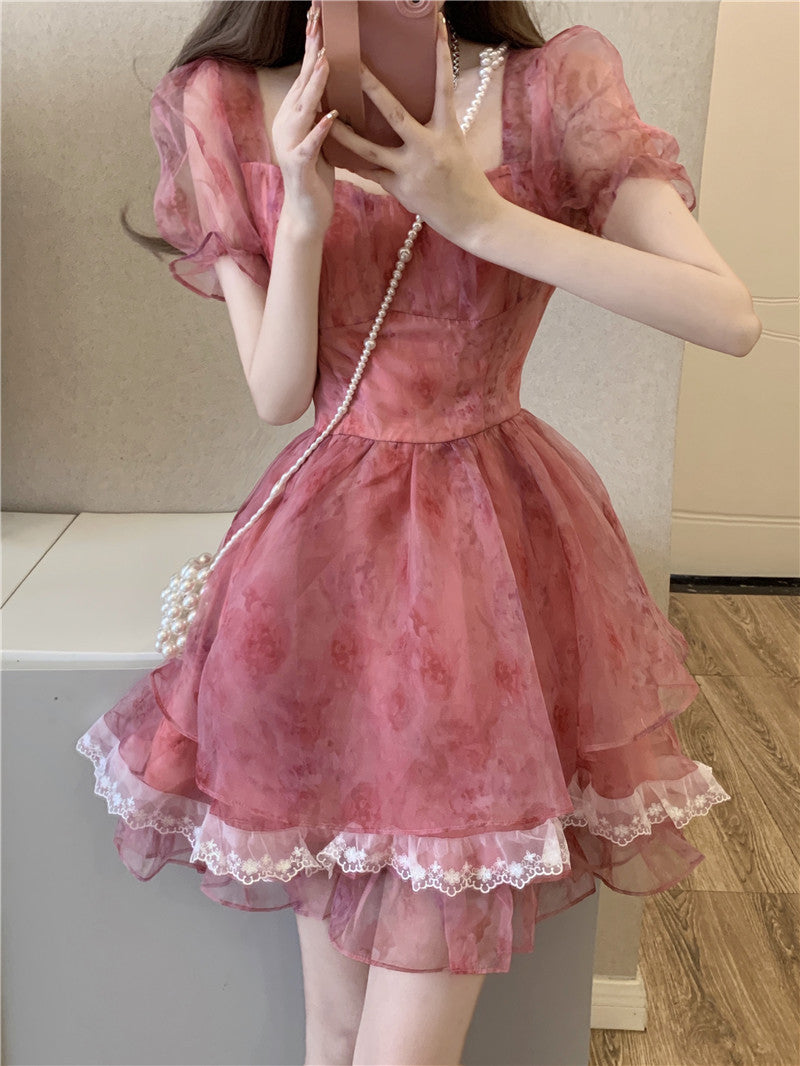 Pink Floral Short Party Dress Sexy Lace Puff Fairy Kawaii Clothing Mini Dress Fashion Birthday Lolita Dress Women Summer