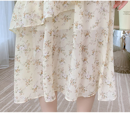 Sixsr Women Mini Dress Spring New V-neck Floral Chiffon Dress High Waist Flare Sleeve Female Dress Woman's Dress KarolyiDora KA88