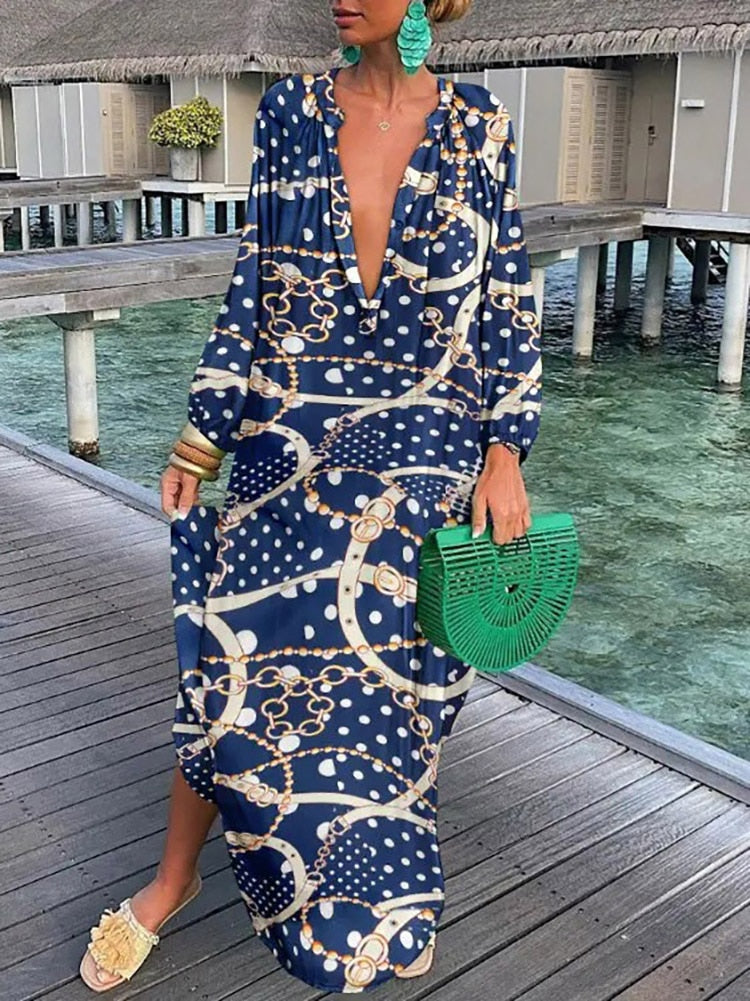 V-neck Casual Loose Floral Print Long Sleeve Maxi Dress