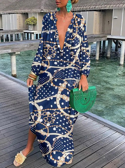 V-neck Casual Loose Floral Print Long Sleeve Maxi Dress