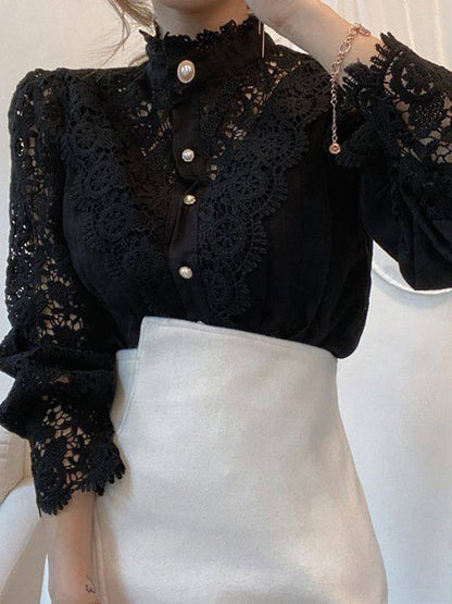 Elegant Women's Blouse Vintage Lace Spliced Long Sleeve Pink Button Up Woman Shirt Tops Fashion Casual Ladies Blouses Top