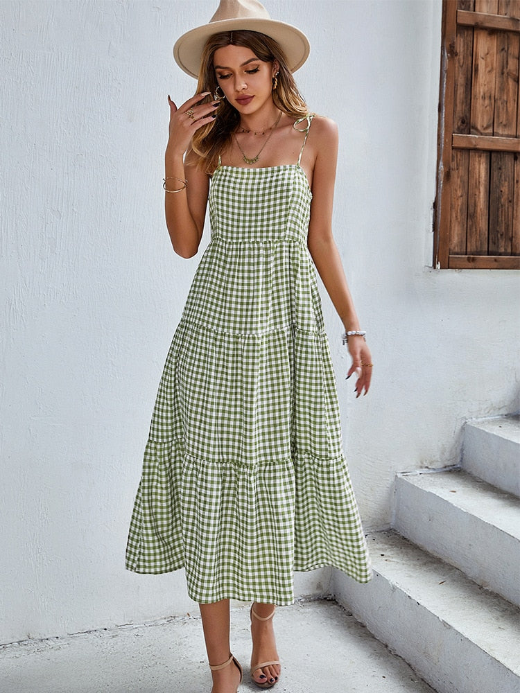 Ladies Vintage Boho Plaid Summer Dress Women Sexy Backless Casual Ruffles Party Beach Sundress Women Dress Robe Vestidos Female