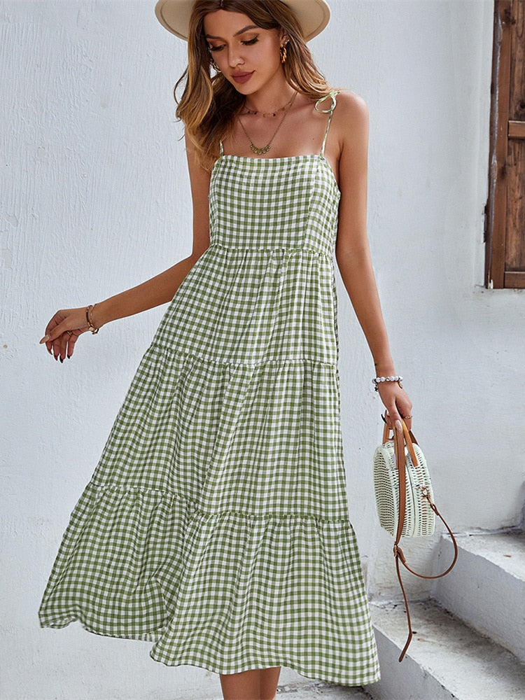 Ladies Vintage Boho Plaid Summer Dress Women Sexy Backless Casual Ruffles Party Beach Sundress Women Dress Robe Vestidos Female