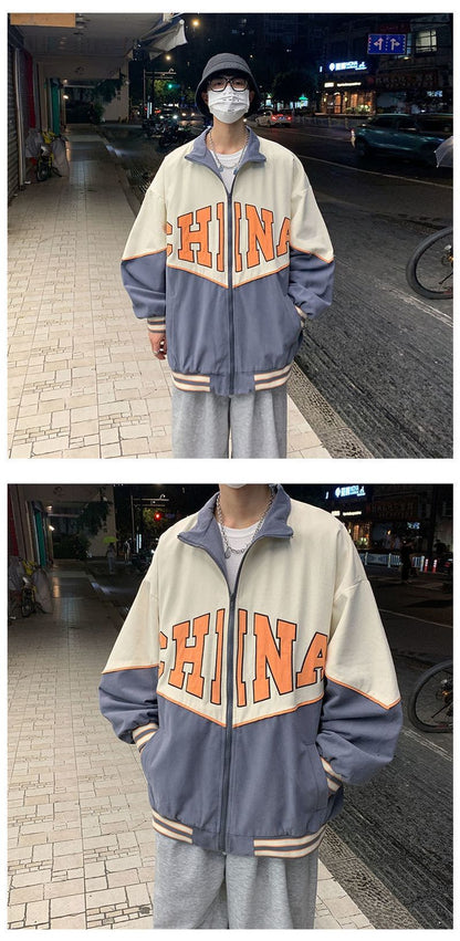 Letter retro baseball uniform jacket men's 2024SS Japan style loose contrast color casual stand collar varsity jacket unisex top