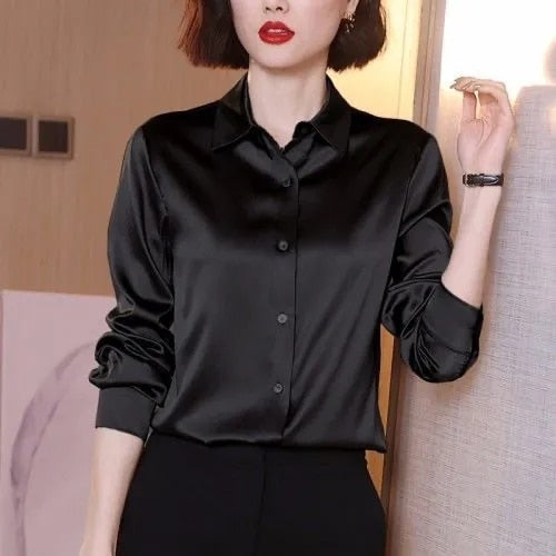 Sixsr Brand Quality Luxury Women Shirt Elegant Office Button Up Long Sleeve Shirts Momi Silk Crepe Satin Blouses for Women Fashion  Business Ladies Top