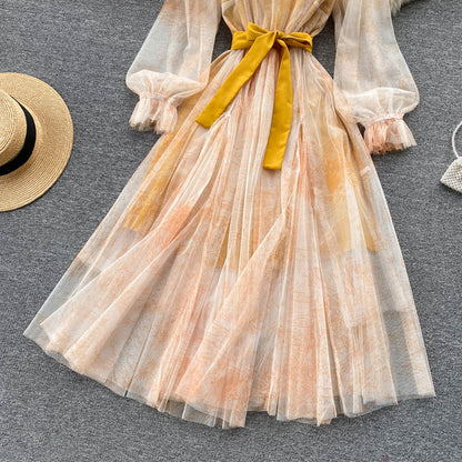 Elegant Women Mesh Dress Vintage Lantern Sleeves Printed Party Dresses Spring Summer Patchwork A Line Bandage Beach Dress