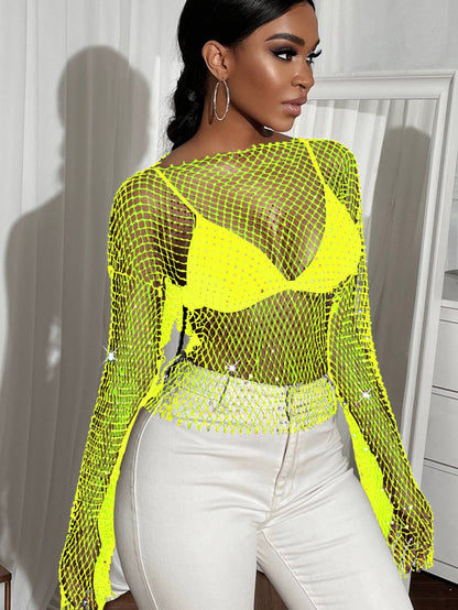 Sexy see through mesh Rhinestone tank top women summer shiny club party crop top long sleeve beach cover up fishnet tops t shirt