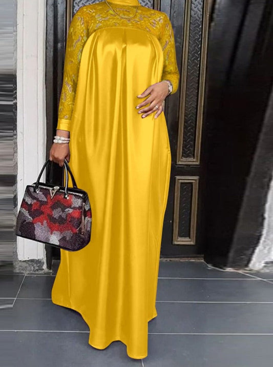 Summer Kaftan Party Dress Bohemian Women Long Sleeve Mock Neck Lace Patchwork Maxi Long Dress Robe Longues Oversized