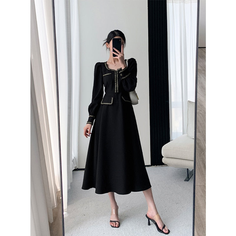 Elegant Women Dress Vintage Long Sleeve Black Y2K New Korean Fashion Casual Office Ladies High Quality Autumn Midi Female Dress