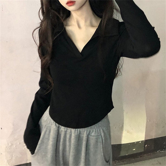 White T Shirt for Women  New Long Sleeve Turn Down Collar Slim Tee Shirts Korean Fashion Office Ladies Casual Top