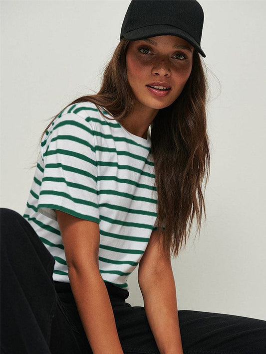 Ladies Loose Cotton Summer Short Sleeve O Neck Striped Basic T-Shirts Women T Shirt Casual Cozy Tee Tops Harajuku Shirt Female