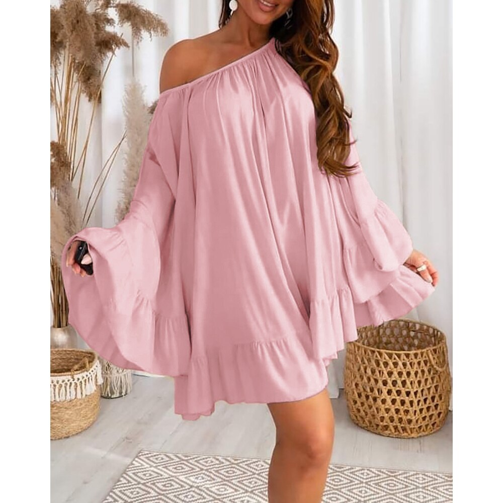 sixsr  Summer Women Bell Sleeve Ruffle Hem Dress Slash Neck Mini A Line Sweet Dresses Oversized Outfits Robe Clothing