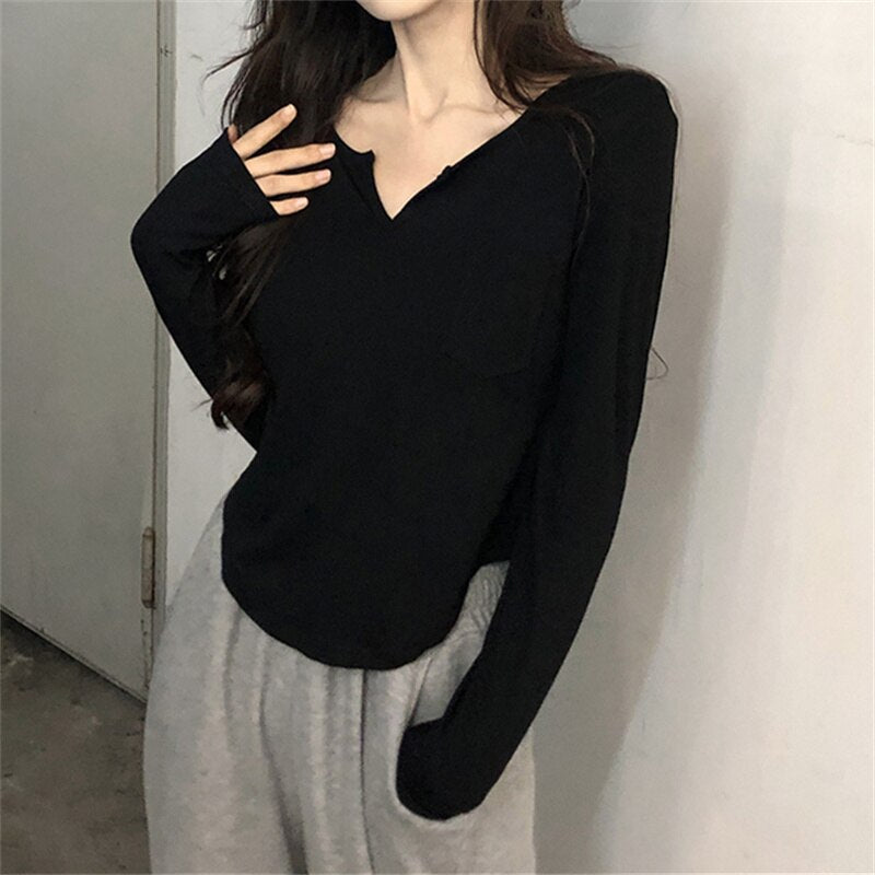 White T Shirt for Women  New Long Sleeve Turn Down Collar Slim Tee Shirts Korean Fashion Office Ladies Casual Top