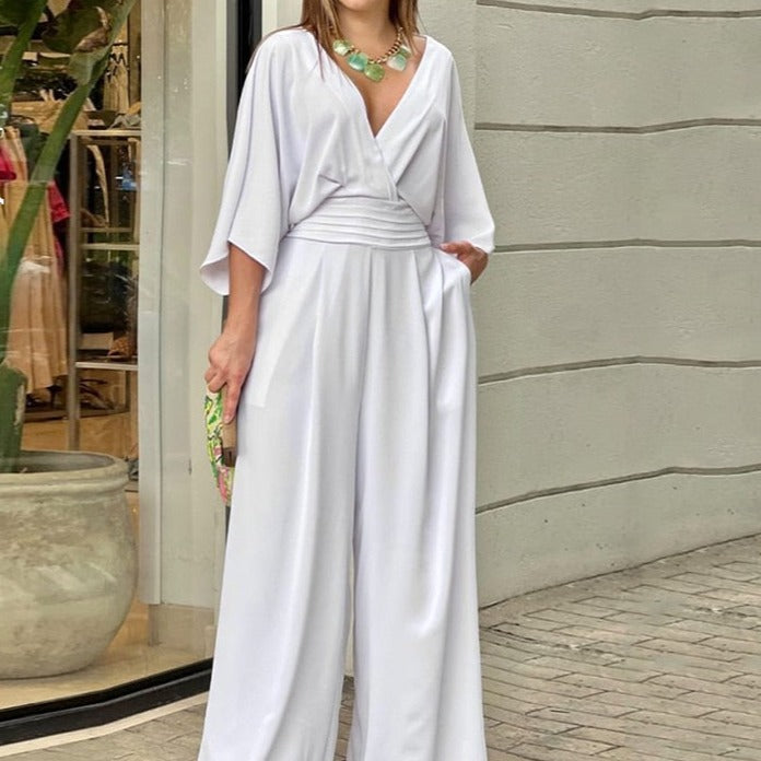 Women Jumpsuit Summer Short Bat Sleeve V Neck Backless Nipped Waist Loose Wide Legs Casual Pants Romper High Streetwear