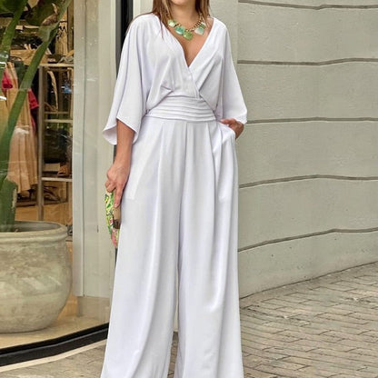 Women Jumpsuit Summer Short Bat Sleeve V Neck Backless Nipped Waist Loose Wide Legs Casual Pants Romper High Streetwear