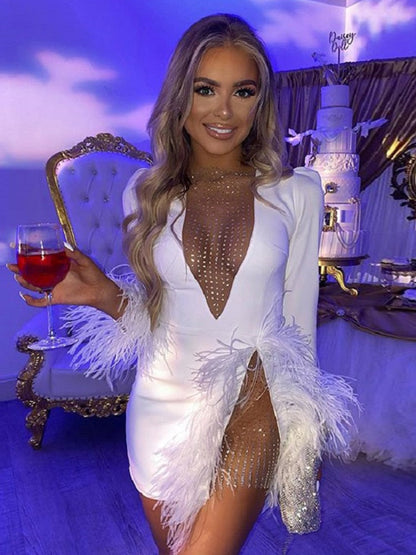 sixsr  Sexy See Through Sequin Mesh Patchwork Dresses Women Deep V White Feather Mini Party Dress Ladies Nightclub Vestidos