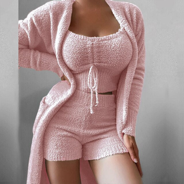 Women Elegant Fleece Soft 3 Piece Suit Fashion Square Collar Drawstring Tops+Long Cardigan Outfits Casual Pajamas Solid Set