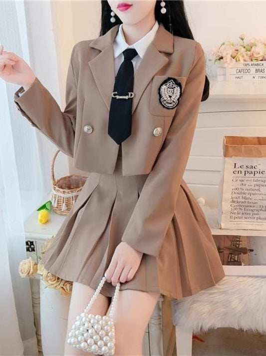 sixsr JK Blazer Skirt Set Female Short Suit Jacket + Pleated Skirt Spring Autumn Professional Wear Elegant Goddess Two-piece Set