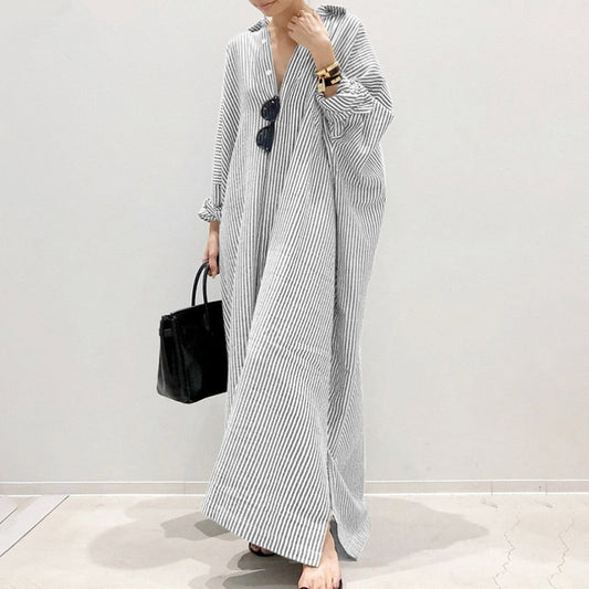 Summer New Dress Fashion Cotton Linen Striped Cardigan Loose Large Casual Temperament Commuter Irregular Women's Long Dress tops