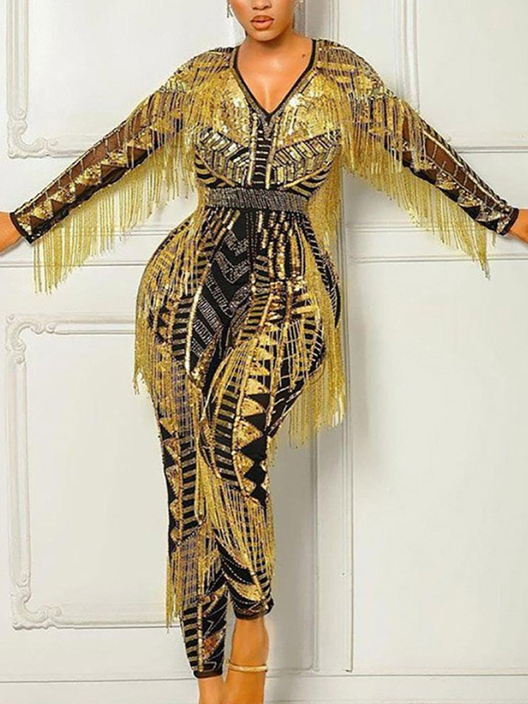 Womens Sexy Bodycon Jumpsuit Vintage Printed Long Sleeve One Piece Outfits with Tassels Rhinestone Yellow Black Romper Clubwear