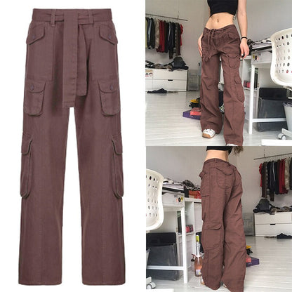 Sixsr  Women Spring Fashion Multi Pockets White Cargo Pants Women Adjustable Low Waist Baggy Wide Leg Jeans Oversized Casual Trousers Retro Bottoms Iamhotty